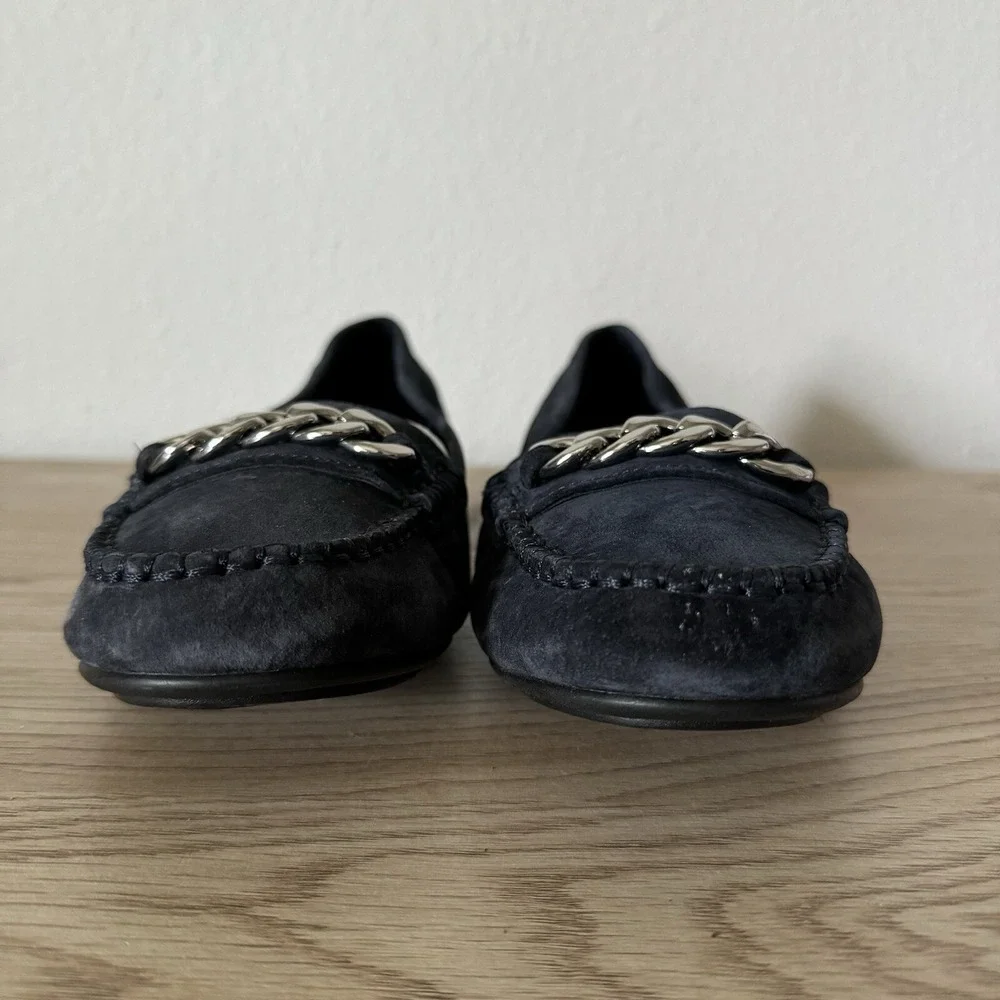 Vionic Mesa Navy Blue Suede Slip On Comfort Loafers‎ Chain Womens Size 9.5 Wide
